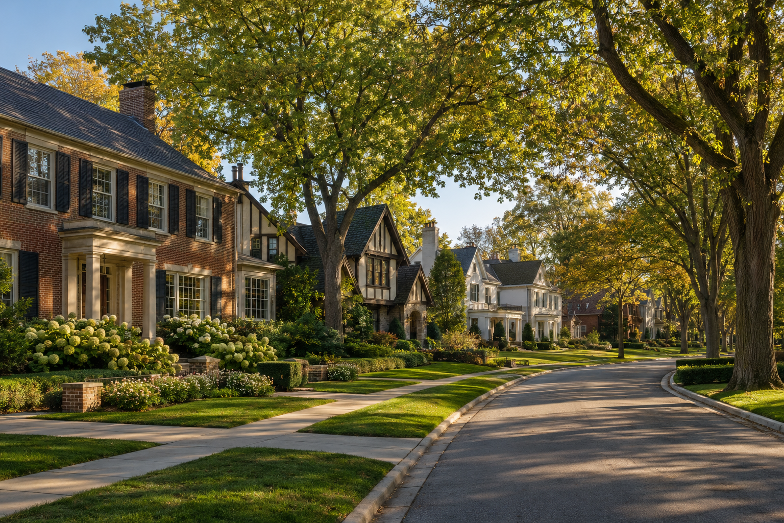 Tree-lined street of brick and Tudor houses